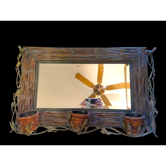 Wrought Iron Rustic Farm House Decor BIRDS Nests Decorative WALL MIRROR 33" Long - Picture 1 of 7